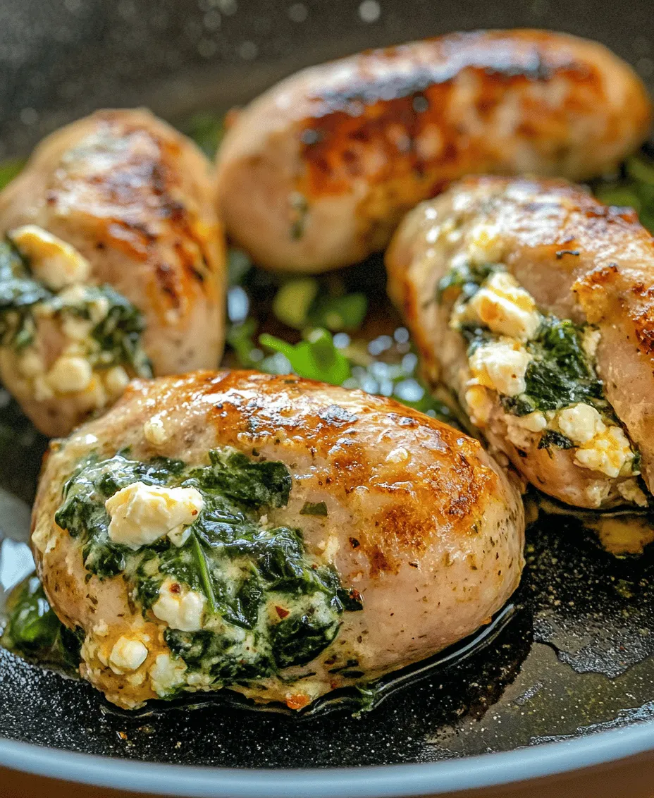 In the world of culinary delights, there's a special charm to transforming traditional recipes into healthier versions without compromising on flavor. One such delightful creation is the <strong>Savory Spinach & Feta Stuffed Chicken Sausages</strong>. This recipe not only offers a delicious twist on classic sausages but also packs a nutritional punch that can elevate your meal prep game. The combination of juicy ground chicken, vibrant spinach, and tangy feta cheese creates an irresistible flavor profile that is sure to please both health-conscious eaters and sausage lovers alike.” /></p>
</p>
<h3>Cooking Techniques for Optimal Flavor</h3>
</p>
<p>When it comes to cooking Savory Spinach & Feta Stuffed Chicken Sausages, the method you choose can significantly impact the flavor and texture of your dish. Here, we will explore the benefits of skillet frying, grilling, and baking, while also emphasizing the importance of cooking temperature and internal doneness.</p>
</p>
<p><strong>Skillet Frying vs. Grilling or Baking</strong></p>
</p>
<p>Skillet frying is a popular method for cooking stuffed chicken sausages as it allows for a quick sear that develops a rich, golden-brown crust. This technique works best when you want to achieve a crispy exterior while keeping the inside juicy and flavorful. For skillet frying, preheat a non-stick or cast-iron skillet over medium-high heat and add a touch of olive oil. Cook the sausages for about 4-5 minutes on each side until they are golden brown and cooked through.</p>
</p>
<p>Grilling is another excellent option, especially if you enjoy that smoky flavor. Preheat the grill to medium heat and lightly oil the grates to prevent sticking. Grill the sausages for about 6-8 minutes, turning occasionally until they are evenly cooked. This method adds a delicious char while allowing excess fat to drip away, keeping the dish healthier.</p>
</p>
<p>Baking your stuffed sausages is a fantastic hands-off approach that guarantees even cooking. Preheat your oven to 375°F (190°C) and place the sausages on a lined baking sheet. Bake for 20-25 minutes, or until they reach an internal temperature of 165°F (74°C). This method is particularly great if you’re preparing a larger batch, as you can cook them all at once without the need for constant attention.</p>
</p>
<p><strong>Importance of Cooking Temperature and Checking Doneness</strong></p>
</p>
<p>Regardless of the cooking method, ensuring your chicken sausages are cooked to the proper internal temperature is crucial for both safety and flavor. The USDA recommends that ground chicken be cooked to an internal temperature of 165°F (74°C). Using a meat thermometer can help you avoid undercooked or overcooked sausages, ensuring they remain juicy and delicious.</p>
</p>
<p>To check the doneness, insert the thermometer into the thickest part of the sausage without touching the pan or grill to get an accurate reading. Once they reach the target temperature, remove them from the heat source and allow them to rest for a few minutes. Resting helps redistribute the juices, resulting in a more succulent sausage.</p>
</p>
<p><strong>How to Achieve a Golden-Brown Crust While Ensuring the Inside Remains Juicy</strong></p>
</p>
<p>Achieving that coveted golden-brown crust involves a few key techniques. Start by ensuring your cooking surface (whether skillet, grill, or oven) is preheated. A hot cooking surface allows for immediate browning and searing, locking in moisture.</p>
</p>
<p>If skillet frying, avoid overcrowding the pan, which can lead to steaming instead of browning. Cook in batches if necessary. For an extra crispy crust, you can sprinkle a little flour or cornstarch on the sausages before cooking, creating a delightful texture.</p>
</p>
<p>When grilling, keep a close eye on the sausages to avoid flare-ups that can char the outside while leaving the inside undercooked. Turning them regularly also ensures even cooking. For baking, broiling at the end of the baking time can help achieve a crispy exterior without drying out the sausage.</p>
</p>
<h3>Serving Suggestions and Pairings</h3>
</p>
<p>Once your Savory Spinach & Feta Stuffed Chicken Sausages are perfectly cooked, it’s time to think about how to serve them. Here are some delightful side dishes and serving ideas that will elevate your meal.</p>
</p>
<p><strong>Ideas for Side Dishes that Complement the Sausages</strong></p>
</p>
<p>1. <strong>Sautéed Vegetables</strong>: Pair your sausages with a medley of sautéed seasonal vegetables. Think zucchini, bell peppers, and cherry tomatoes sautéed with garlic and olive oil. This adds color, flavor, and a nutritional boost to your plate.</p>
</p>
<p>2. <strong>Fresh Salads</strong>: A crisp, refreshing salad can provide a great contrast to the savory sausages. Consider a simple arugula salad with lemon vinaigrette, or a classic Greek salad featuring cucumbers, tomatoes, and olives to reflect the feta cheese in the sausages.</p>
</p>
<p>3. <strong>Serving on Toasted Buns</strong>: For a fun twist, serve the sausages on toasted whole-grain or ciabatta buns. This transforms your dish into a hearty sandwich perfect for gatherings or casual dinners.</p>
</p>
<p>4. <strong>Creative Topping Ideas</strong>: Personalize your sausages with a variety of toppings such as tzatziki sauce, homemade tomato salsa, or a sprinkle of crumbled feta cheese. Fresh herbs like dill or parsley can also add a burst of flavor.</p>
</p>
<h3>Health Benefits of Spinach and Feta</h3>
</p>
<p>Not only are these sausages delicious, but they also pack a nutritional punch thanks to the inclusion of spinach and feta cheese.</p>
</p>
<p><strong>In-Depth Look at the Health Benefits of Spinach</strong></p>
</p>
<p>Spinach is a superfood loaded with vitamins and minerals. It is rich in Vitamin K, which is essential for bone health, and Vitamin A, which supports eye health. Additionally, spinach contains high levels of iron and magnesium, vital for energy production and muscle function. Its antioxidants, such as lutein and zeaxanthin, help combat oxidative stress and may reduce the risk of chronic diseases.</p>
</p>
<p><strong>Nutritional Profile of Feta Cheese</strong></p>
</p>
<p>Feta cheese, made from sheep or goat’s milk, is lower in fat than many other cheese varieties. It provides a significant source of protein, contributing to muscle repair and growth. Feta is also rich in calcium, which is crucial for maintaining strong bones and teeth. Additionally, it contains probiotics that support gut health.</p>
</p>
<p><strong>Benefits of Lean Protein from Chicken in a Balanced Diet</strong></p>
</p>
<p>Using chicken as the primary protein source in your sausages adds numerous health benefits. Chicken is a lean protein that is lower in calories and saturated fat compared to red meats. It is an excellent source of essential amino acids, crucial for muscle repair and overall body function. Including lean protein in your diet can enhance feelings of fullness and help with weight management.</p>
</p>
<h3>Making It Your Own: Variations and Customizations</h3>
</p>
<p>One of the great things about Savory Spinach & Feta Stuffed Chicken Sausages is their versatility. Here are some suggestions for personalizing the recipe to fit your tastes or dietary needs.</p>
</p>
<p><strong>Suggestions for Additional Ingredients</strong></p>
</p>
<p>Feel free to experiment with additional ingredients to tailor the flavor profile. Consider adding:</p>
</p>
<p>– <strong>Herbs and Spices</strong>: Fresh herbs like basil, dill, or parsley can enhance the flavor. You can also add spices like paprika, cumin, or red pepper flakes for a bit of heat.</p>
<p>– <strong>Vegetable Additions</strong>: Chopped sun-dried tomatoes, artichoke hearts, or olives can add depth and variety to the stuffing.</p>
</p>
<p><strong>Options for Making the Recipe Gluten-Free or Dairy-Free</strong></p>
</p>
<p>If you need to adjust for dietary restrictions, you can easily modify this recipe. Use gluten-free breadcrumbs or oats as a binder in the stuffing. For a dairy-free option, substitute feta cheese with a plant-based cheese alternative or omit it altogether, enhancing the stuffing with more herbs for flavor.</p>
</p>
<p><strong>Discussing the Potential for Using Different Meats or Plant-Based Substitutes</strong></p>
</p>
<p>While this recipe calls for chicken, you can experiment with other meats such as turkey or pork for different flavor profiles. For a plant-based alternative, consider using ground chickpeas or lentils mixed with spices and vegetables to create a veggie sausage that captures the essence of the original recipe.</p>
</p>
<h3>Conclusion</h3>
</p>
<p>In conclusion, Savory Spinach & Feta Stuffed Chicken Sausages are not just a delightful dish; they are a versatile and health-conscious meal option that can be tailored to suit a variety of tastes and dietary preferences. The combination of juicy chicken, nutrient-rich spinach, and flavorful feta makes these sausages a standout choice for any dinner table.</p>
</p>
<p>By trying out different cooking techniques, serving suggestions, and customizations, you can create a meal that not only satisfies the palate but also nourishes the body. Cooking is a joy, and experimenting in the kitchen brings the opportunity to discover new flavors and experiences. So, we encourage you to embrace the process, try making these sausages at home, and enjoy the satisfaction of creating a dish that is both delicious and healthy!</p>
<div id=