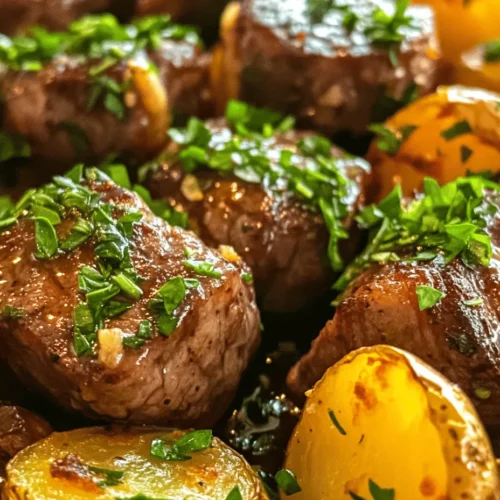 Discover the delightful fusion of flavors in this Garlic Butter Steak Bites and Potatoes recipe. Perfect for a weeknight dinner or an impressive weekend meal, this dish combines tender sirloin steak with golden, roasted baby potatoes, all enveloped in a rich garlic butter sauce. The combination of juicy, seared steak and creamy potatoes, enhanced with aromatic herbs and spices, creates a comforting yet elegant meal that is sure to please any palate.