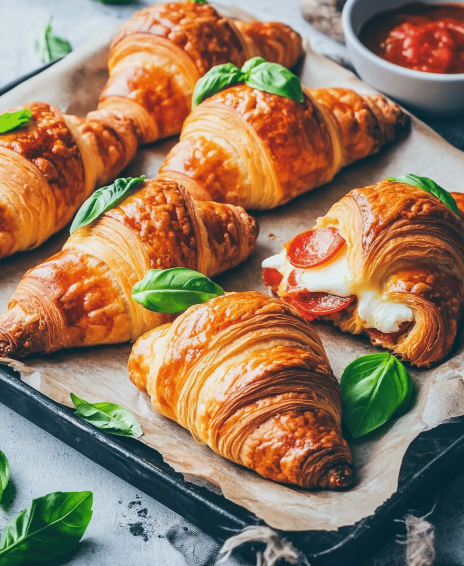 Croissant rolls have long held a special place in the hearts (and stomachs) of food lovers worldwide. Their signature flaky texture and buttery flavor make them a delightful snack or appetizer, perfect for any occasion. Whether served with a cup of coffee in the morning or as a finger food at a party, croissant rolls are versatile and universally adored. Among the myriad of ways to enjoy these delectable pastries, the <strong>Mozzarella Pepperoni Croissant Rolls</strong> stand out as a remarkably delicious option. This recipe combines the rich, gooey goodness of mozzarella cheese with the savory, slightly spicy bite of pepperoni, resulting in a mouthwatering treat that is sure to impress.” /></p>
</p>
<h3>Creating the Filling</h3>
</p>
<p>To create the delicious filling for your Mozzarella Pepperoni Croissant Rolls, it’s essential to balance flavors and textures effectively. Start by selecting high-quality mozzarella cheese; fresh mozzarella is ideal, as it offers a delightful creaminess and mild flavor that pairs perfectly with the spice of pepperoni.</p>
</p>
<p><strong>Mixing and Balancing Flavors for the Filling</strong></p>
</p>
<p>You’ll need about 1 cup of shredded mozzarella cheese and ½ cup of sliced pepperoni for a standard batch of croissant rolls. To enhance the flavor, consider adding a pinch of Italian seasoning, a dash of garlic powder, or even a sprinkle of crushed red pepper flakes, depending on your taste preference. Incorporate these ingredients in a mixing bowl, ensuring an even distribution for a harmonious flavor throughout each bite. The goal is to create a filling that is rich and savory while still allowing the distinct characteristics of each ingredient to shine.</p>
</p>
<h3>Rolling Techniques</h3>
</p>
<p>Rolling your croissant dough correctly is crucial to achieving the perfect texture and preventing any filling mishaps. Here’s a step-by-step guide to ensure your rolls turn out beautifully.</p>
</p>
<p><strong>Detailed Instructions on How to Properly Roll the Dough</strong></p>
</p>
<p>1. <strong>Prepare the Dough</strong>: Start with refrigerated croissant dough, which you can find in the dairy section of your grocery store. Allow it to sit at room temperature for about 5-10 minutes, making it easier to unroll and manipulate.</p>
</p>
<p>2. <strong>Unroll the Dough</strong>: Carefully unroll the croissant dough onto a clean, lightly floured surface. If using dough sheets, make sure they are laid out flat and are not overlapping.</p>
</p>
<p>3. <strong>Cut the Dough</strong>: Using a sharp knife or a pizza cutter, cut the dough into triangles. A typical croissant triangle should be about 4-5 inches wide at the base and 8 inches tall.</p>
</p>
<p>4. <strong>Add the Filling</strong>: Place a generous tablespoon of the mozzarella and pepperoni mixture near the wide end of each triangle. Be careful not to overfill, as this can cause the filling to leak out during baking.</p>
</p>
<p>5. <strong>Roll the Dough</strong>: Starting from the wide end, carefully roll the dough towards the pointed end. Tuck the point underneath the roll to secure it. This technique not only helps keep the filling in place but also encourages a nice, tight roll that will puff beautifully as it bakes.</p>
</p>
<p><strong>Tips for Preventing Leaks and Ensuring Even Baking</strong></p>
</p>
<p>– <strong>Seal the Edges</strong>: To prevent any filling from leaking out during baking, press the edges of the dough together firmly. You can use a little water on your fingers to help seal the edges if necessary.</p>
<p>– <strong>Leave Space</strong>: When placing the filled croissant rolls on a baking sheet, ensure there is enough space between each roll. This prevents them from sticking together and allows for even baking and browning.</p>
<p>– <strong>Chill Before Baking</strong>: If possible, pop the assembled croissant rolls in the refrigerator for about 15 minutes before baking. This helps them retain their shape and enhances their puffiness in the oven.</p>
</p>
<h3>Baking to Perfection</h3>
</p>
<p>The baking process is where your Mozzarella Pepperoni Croissant Rolls transform into a golden, flaky delight.</p>
</p>
<p><strong>Optimal Baking Conditions</strong></p>
</p>
<p>For the best results, preheat your oven to 375°F (190°C). This temperature allows for a perfect balance between cooking the dough through and achieving a lovely golden brown color on the outside.</p>
</p>
<p><strong>Recommended Oven Temperature and Timing</strong></p>
</p>
<p>Place the prepared croissant rolls on a parchment-lined baking sheet and bake for approximately 15-20 minutes. Keep an eye on them towards the end of the baking time to prevent over-browning.</p>
</p>
<p><strong>How to Know When the Croissants Are Done</strong></p>
</p>
<p>The croissants are done when they are puffed and golden brown. A good indicator is to look for a deep, rich color on the outside, coupled with a slight crunch when you tap on the surface. If the rolls are still pale after 15 minutes, give them a few more minutes in the oven.</p>
</p>
<p><strong>Cooling Tips to Enhance Flavor and Texture Before Serving</strong></p>
</p>
<p>Once baked, remove the croissant rolls from the oven and allow them to cool on a wire rack for about 5 minutes. This cooling step will help the steam escape, ensuring the rolls stay flaky rather than becoming soggy. Enjoy them warm, but they can also be served at room temperature.</p>
</p>
<h3>Presentation Ideas</h3>
</p>
<p>The presentation of your Mozzarella Pepperoni Croissant Rolls can elevate them from simple snacks to appealing appetizers.</p>
</p>
<p><strong>Suggestions for Serving the Croissant Rolls</strong></p>
</p>
<p>– <strong>Creative Plating Ideas</strong>: Arrange the croissant rolls on a large serving platter. For an appealing look, stack them in a pyramid shape or arrange them in a circular pattern. You can also use a rustic wooden board to add a homey touch.</p>
</p>
<p>– <strong>Using Marinara Sauce as a Dip</strong>: Marinara sauce is a classic pairing that complements the flavors of the pepperoni and mozzarella beautifully. Serve a small bowl of warm marinara alongside the croissant rolls for dipping. The tangy tomato flavor enhances the rich, cheesy filling, making each bite even more delicious.</p>
</p>
<p>– <strong>Incorporating Fresh Basil Leaves</strong>: For an added touch of freshness and color, garnish your platter with whole basil leaves. Not only does this enhance the visual appeal, but it also adds a fragrant aroma and a hint of herbal flavor that balances the richness of the rolls.</p>
</p>
<h3>Nutritional Value and Serving Suggestions</h3>
</p>
<p>Understanding the nutritional value of your Mozzarella Pepperoni Croissant Rolls can help you enjoy them within your dietary preferences.</p>
</p>
<p><strong>Overview of the Nutritional Aspects of the Croissant Rolls</strong></p>
</p>
<p>Each croissant roll contains approximately 200-250 calories, depending on the size of your rolls and the amount of filling used. They provide a satisfying combination of carbohydrates from the dough, protein from the cheese and pepperoni, and fat, contributing to their flavor and texture.</p>
</p>
<p><strong>Caloric Breakdown per Serving and Potential Dietary Considerations</strong></p>
</p>
<p>While these croissant rolls are definitely indulgent, they can be made slightly healthier by using lower-fat cheese or turkey pepperoni. Additionally, consider serving them in moderation, especially if you’re mindful of calorie intake.</p>
</p>
<h3>Ideas for Pairing with Other Dishes or Drinks</h3>
</p>
<p>To create a well-rounded meal or snack presentation, consider pairing the croissant rolls with:</p>
</p>
<p>– <strong>Side Dishes</strong>: A fresh green salad with a light vinaigrette can balance the richness of the croissant rolls. Alternatively, you can serve them alongside roasted vegetables or a simple pasta dish.</p>
</p>
<p>– <strong>Beverages</strong>: Pair the rolls with a light red wine, such as a Pinot Noir, or a refreshing sparkling water with lemon. For non-alcoholic options, a classic lemonade or iced tea can also complement the flavors beautifully.</p>
</p>
<h3>Conclusion</h3>
</p>
<p>The Mozzarella Pepperoni Croissant Rolls are a delightful snack or appetizer that is sure to impress your family and friends. Their flaky, buttery exterior encases a rich and savory filling, making them an irresistible treat for any gathering.</p>
</p>
<p>Not only are they easy to prepare, but they also offer a fun twist on traditional pizza flavors, bringing joy and deliciousness to any occasion. Whether you’re serving them at a party, enjoying them for a cozy movie night, or simply indulging as a snack, these croissant rolls are a crowd-pleaser.</p>
</p>
<p>So gather your ingredients, follow the steps outlined, and savor the delightful experience of making and sharing these Mozzarella Pepperoni Croissant Rolls with your loved ones. Enjoy!</p>
<div id=