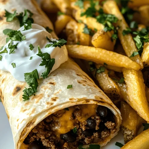 If you’re looking to elevate your weeknight dinner routine, cheesy beef burritos paired with crispy fries may just be the perfect solution. This dish marries the comforting warmth of seasoned ground beef, melty cheese, and hearty black beans, all wrapped up snugly in a soft tortilla. The addition of crispy fries not only enhances the meal's texture but also adds a fun, nostalgic element that appeals to both kids and adults alike. With its versatility, this dish can be customized to suit individual tastes – whether you prefer extra spice, more veggies, or different kinds of cheese, the options are endless.