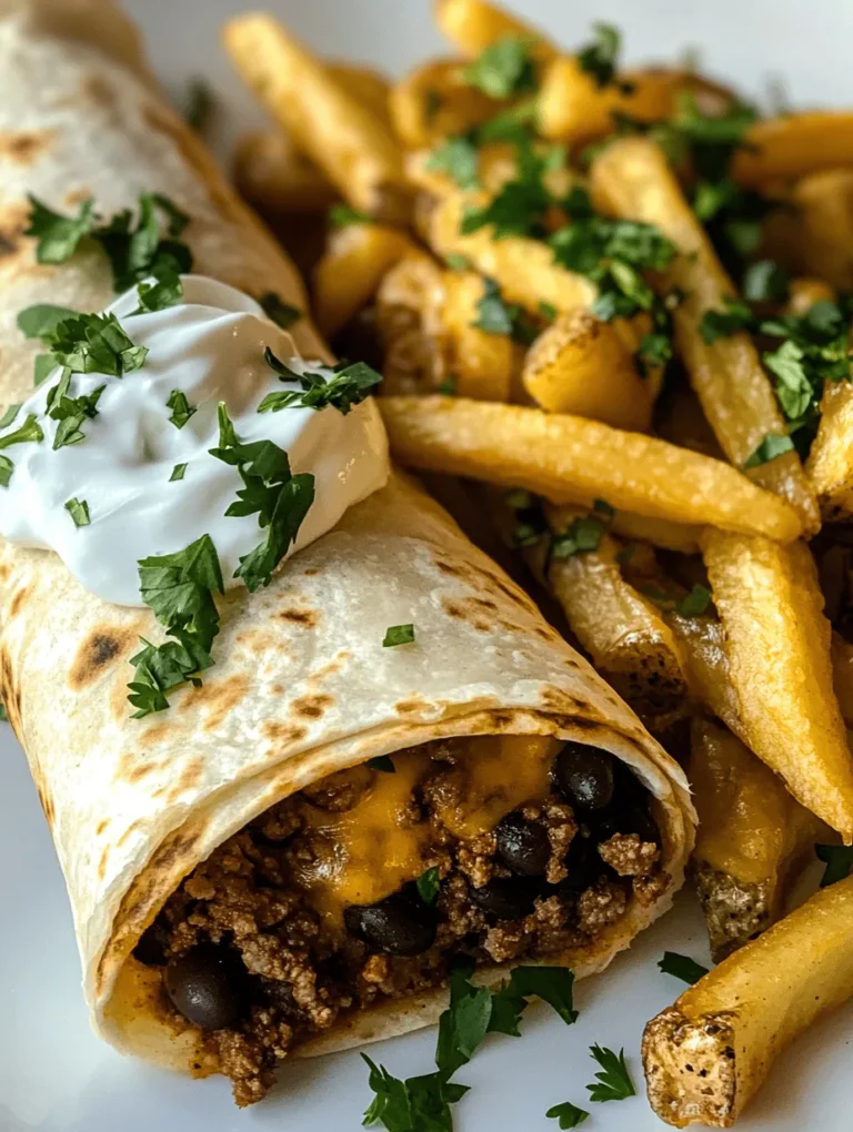 If you’re looking to elevate your weeknight dinner routine, cheesy beef burritos paired with crispy fries may just be the perfect solution. This dish marries the comforting warmth of seasoned ground beef, melty cheese, and hearty black beans, all wrapped up snugly in a soft tortilla. The addition of crispy fries not only enhances the meal's texture but also adds a fun, nostalgic element that appeals to both kids and adults alike. With its versatility, this dish can be customized to suit individual tastes – whether you prefer extra spice, more veggies, or different kinds of cheese, the options are endless.
