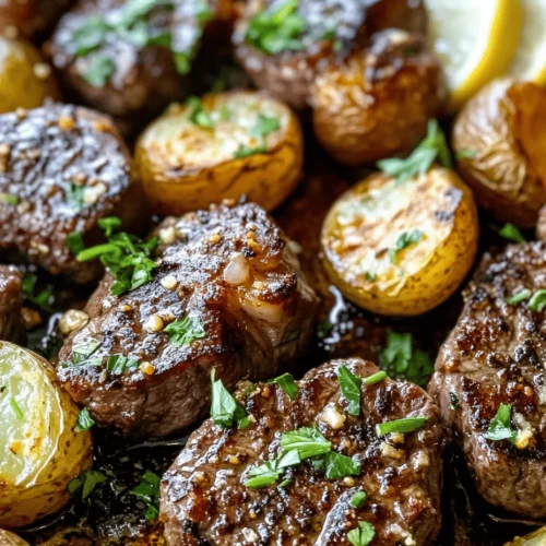 If you’re searching for a dish that perfectly marries comfort and sophistication, look no further than sizzling garlic butter steak bites paired with crispy potatoes. This delightful recipe features tender, juicy steak pieces that are infused with a rich garlic butter sauce, making each bite an explosion of flavor. The addition of crispy baby potatoes on the side elevates this dish, offering a satisfying crunch that complements the succulent steak.