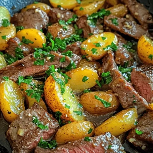 If you’re on the hunt for a quick yet delicious meal that combines rich flavors and satisfying textures, look no further than the Sizzling Garlic Butter Steak & Potatoes Skillet. This dish is a delightful fusion of tender steak, crispy baby potatoes, and aromatic garlic butter, all cooked together in a single pan. Not only does this recipe tantalize the taste buds, but it also promises a visually appealing presentation, making it an ideal option for both weeknight dinners and special gatherings.
