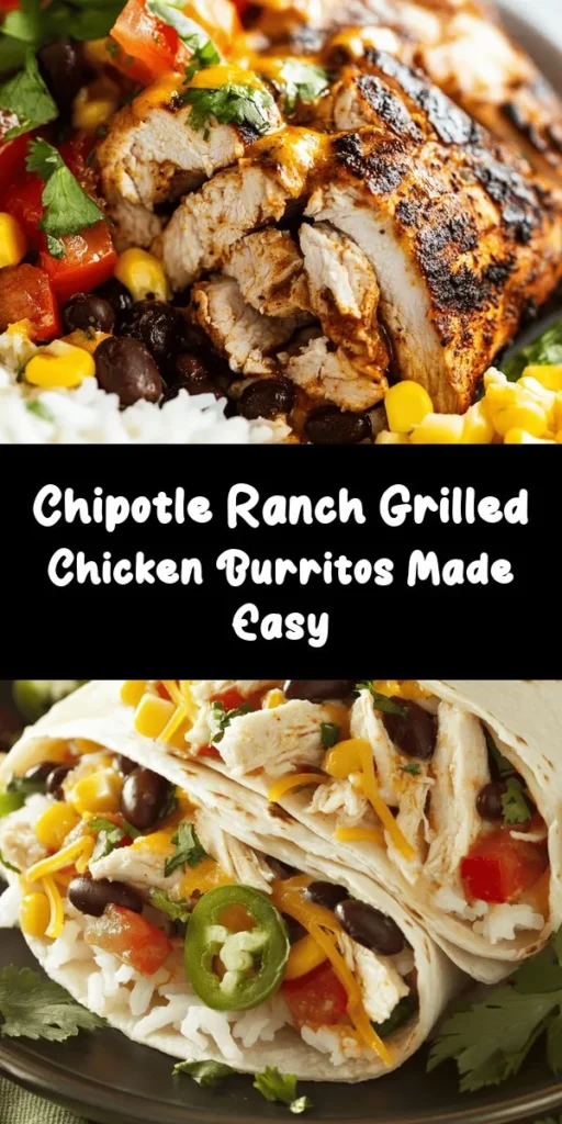 Savor the flavor of these Easy Chipotle Ranch Grilled Chicken Burritos! Perfect for a quick meal, these burritos are packed with shredded chicken marinated in zesty chipotle ranch dressing, paired with white rice, black beans, corn, and topped with melty cheddar cheese. Ready in just 45 minutes, they're great for weeknight dinners or meal prep. Add jalapeños for an extra kick and serve with your favorite sauces. Enjoy a delightful burrito experience!