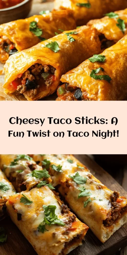 Get ready to tantalize your taste buds with these Cheesy Taco Sticks! Packed with ground beef, bell peppers, and two melty cheeses, these quick and easy treats are perfect for any gathering. Simply roll the taco filling in pizza dough, bake until golden, and enjoy them fresh from the oven with a side of salsa. They're great as snacks or appetizers! With just 35 minutes of prep time, you'll have a crowd-pleaser in no time!