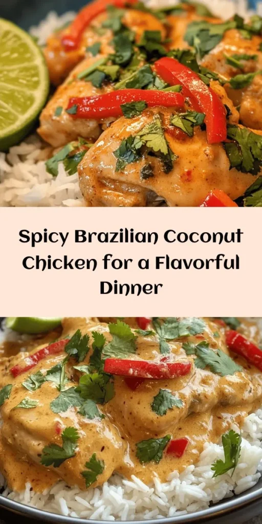 Experience a burst of flavor with this Spicy Brazilian Coconut Chicken recipe! Tender chicken thighs are simmered in a creamy coconut milk sauce with vibrant spices like smoked paprika and turmeric, plus a kick from fresh chili peppers. Perfectly served over rice or quinoa, this dish is not only delicious but also quick to make, taking just 40 minutes from prep to plate. Garnish with fresh cilantro for the perfect finish! Treat your taste buds today!