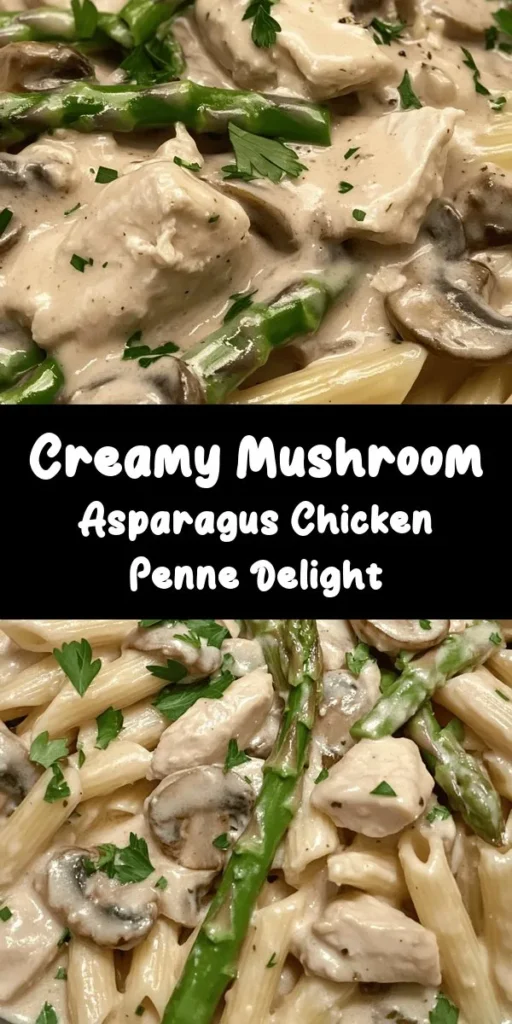 Indulge in a deliciously creamy Mushroom and Asparagus Chicken Penne that's perfect for a quick weeknight dinner! This easy recipe combines tender chicken, fresh asparagus, and savory mushrooms in a rich cream sauce, all tossed with penne pasta. With just 30 minutes of prep and cook time, it's a delightful meal that's sure to impress. Garnish with fresh parsley for that extra touch! Perfect for pasta lovers and busy cooks alike.
