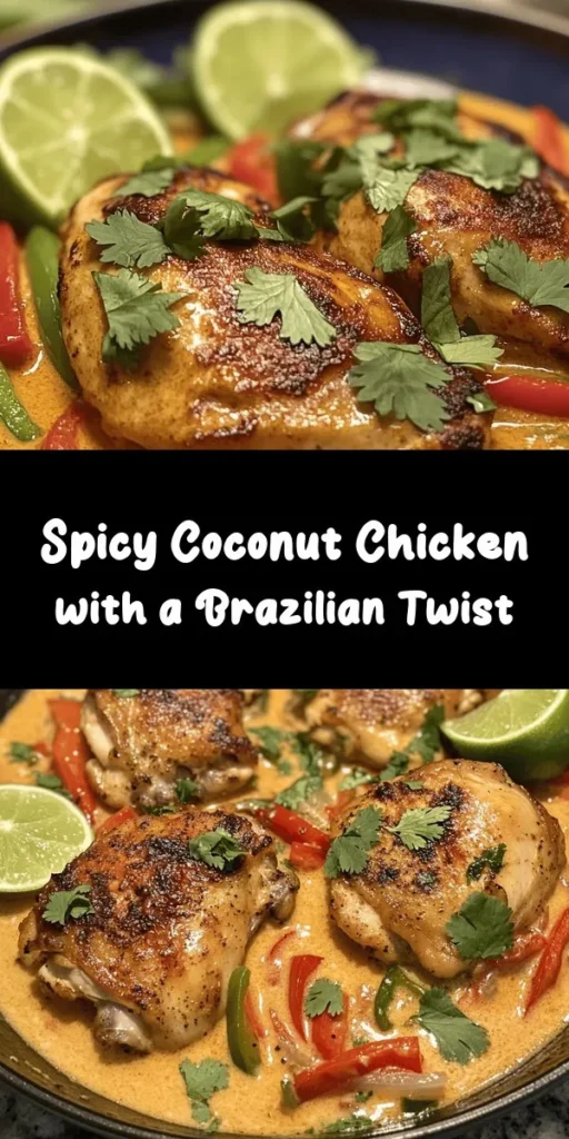 Discover the flavors of Brazil with this Spicy Brazilian Coconut Chicken recipe! Juicy chicken thighs are marinated in aromatic spices, then seared to perfection. They're simmered in a rich coconut milk sauce with vibrant bell peppers and garlic, creating a dish that's both comforting and exciting. Perfectly garnished with fresh cilantro and served with lime wedges, this meal pairs beautifully with rice or quinoa. Bring a taste of the tropics to your dinner table tonight!