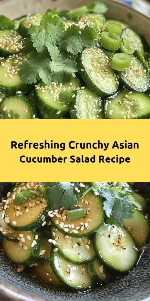 Fresh, crunchy, and bursting with flavor, this Asian Cucumber Salad is a must-try! Made with thinly sliced cucumbers, a zesty dressing of rice vinegar, soy sauce, and sesame oil, it’s the perfect refreshing side dish. Toss in sesame seeds and green onions for added texture and taste. Ideal for picnics or as a light starter, this salad is not only quick to prepare but also a delightful addition to any meal. Enjoy it chilled for the best flavor!