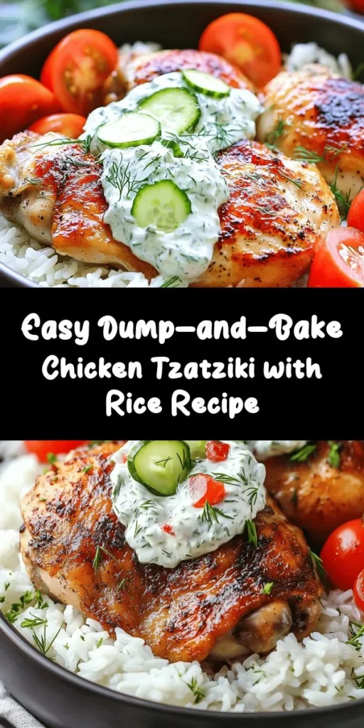 Try this delicious and easy Dump-and-Bake Chicken Tzatziki with Rice for a hassle-free meal. Featuring tender chicken, fluffy basmati rice cooked in savory chicken broth, and a creamy tzatziki sauce made with Greek yogurt and fresh cucumber, this recipe is packed with flavor. Perfect for a busy weeknight, it takes just 15 minutes to prep and one dish to clean up. Top with fresh cherry tomatoes and parsley for a vibrant finish. Enjoy a Mediterranean twist tonight!