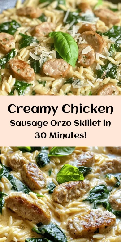 Indulge in a comforting bowl of Creamy Chicken Sausage Orzo Skillet! This easy one-pan dish features savory chicken sausage, tender orzo pasta, and fresh spinach, all brought together with a rich creamy sauce. Perfect for busy weeknights, it’s ready in just 30 minutes! With simple ingredients and minimal cleanup, this meal is not only delicious but also a hit with the whole family. Top it off with basil and Parmesan for extra flavor!