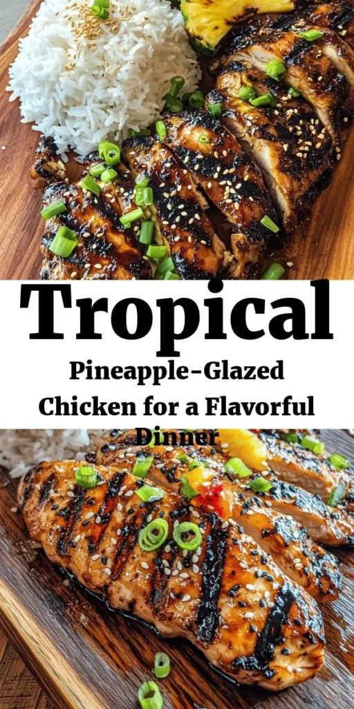 Elevate your dinner with this Tropical Pineapple-Glazed Chicken recipe! Juicy chicken breasts are marinated in a sweet and tangy mix of fresh pineapple juice, soy sauce, brown sugar, and spices, infusing every bite with tropical flavor. Grill to perfection and garnish with green onions and toasted sesame seeds for a delicious finish. Serve it with steamed rice or a light salad for a complete meal your family will love. Perfect for a summer cookout or any weeknight dinner!