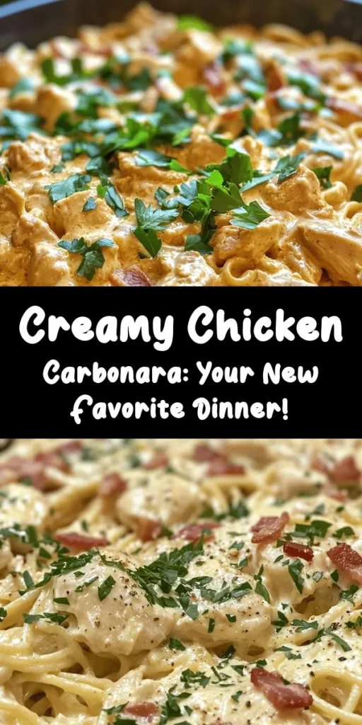 Indulge in the creamy goodness of the Best-Ever Chicken Carbonara! This rich and flavorful dish combines tender chicken, crispy bacon, and al dente pasta all coated in a luscious cream sauce. With ingredients like garlic, Parmesan cheese, and a hint of oregano, it's the perfect comfort food for any night of the week. Quick to prepare in just 30 minutes, this recipe serves four and is sure to impress your family or guests. Don't forget the fresh parsley for that burst of color!