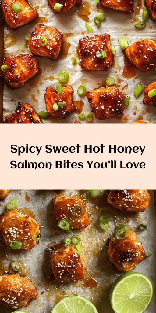 Discover the perfect blend of sweet and spicy with these Hot Honey Salmon Bites! Tender salmon cubes marinated in a delicious mix of hot honey, soy sauce, garlic, and ginger are baked to perfection for a quick and flavorful treat. Ideal as an appetizer, snack, or over rice for a light meal. Topped with fresh scallions and sesame seeds, these bites are sure to impress. Serve with lime wedges for a zesty finish. Easy, tasty, and sure to be a crowd-pleaser!
