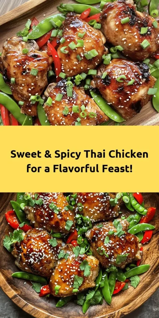 Try this Sweet and Spicy Thai Chicken recipe for a burst of flavor in every bite! Marinated in a delicious blend of soy sauce, honey, and sriracha, this dish combines tender chicken thighs with colorful vegetables like red bell pepper and snap peas. It’s quick to prepare and perfect for serving over rice or noodles. Garnish with green onions, sesame seeds, and fresh cilantro for added freshness. Enjoy this delightful meal with your family!