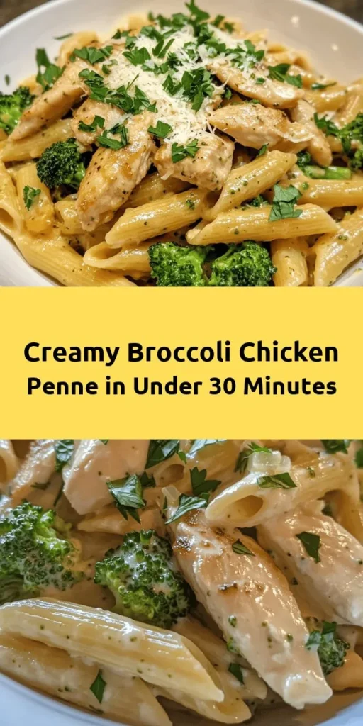 Indulge in this creamy broccoli and chicken penne that's perfect for a weeknight dinner! This dish features tender penne pasta tossed with juicy chicken, fresh broccoli, and a luscious garlic cream sauce. With just a few simple ingredients like Parmesan cheese and Italian seasoning, you'll have a hearty meal ready in 30 minutes. Garnished with parsley, it's as delicious as it is beautiful! Perfect for feeding a family or impressing guests. Give it a try!