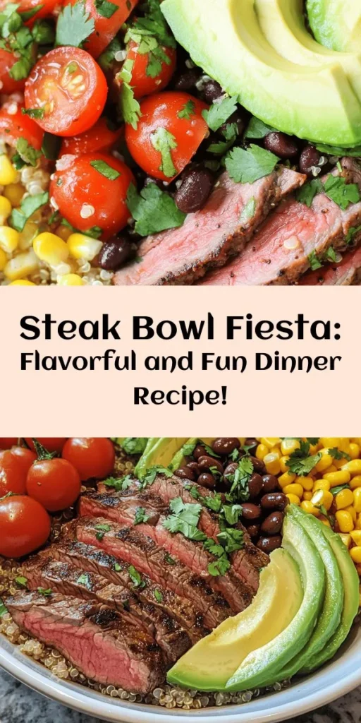 Get ready for a flavor explosion with this Ultimate Steak Bowl Fiesta! Perfectly marinated flank steak pairs wonderfully with a base of fluffy quinoa and loads of fresh toppings like sliced avocado, cherry tomatoes, corn, black beans, and cheese. This dish is not only satisfying but also customizable—add hot sauce for a spicy kick! Ideal for meal prep or a quick dinner, this recipe serves 4 and brings a taste of fiesta to your table!