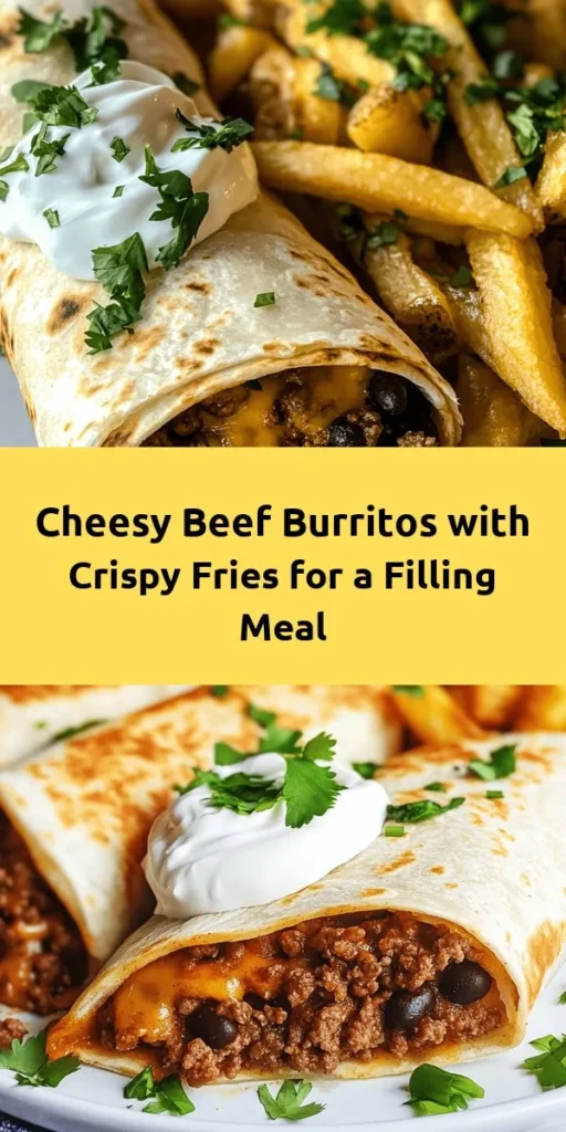 Indulge in the ultimate comfort food with these cheesy beef burritos paired with crispy fries! Filled with seasoned ground beef, cooked rice, black beans, and melted cheddar cheese, these burritos are a crowd-pleaser. They're easy to make and perfect for any occasion. Serve them with a dollop of sour cream and a sprinkle of cilantro for a fresh touch. Don't forget the golden fries on the side for the perfect crunch. Enjoy this flavorful meal in just 50 minutes!