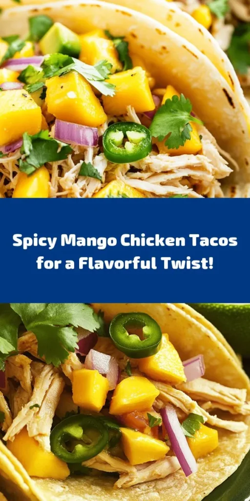 Discover the vibrant flavors of Spicy Mango Chicken Tacos! This quick and easy recipe features shredded chicken mixed with fresh mango, red onion, cilantro, and jalapeño, all tossed in lime juice and spices for that perfect kick. Enjoy them wrapped in warm corn tortillas and topped with creamy avocado. Perfect for a weeknight dinner or casual gatherings, these tacos are sure to impress your family and friends! Enjoy a burst of deliciousness in every bite!