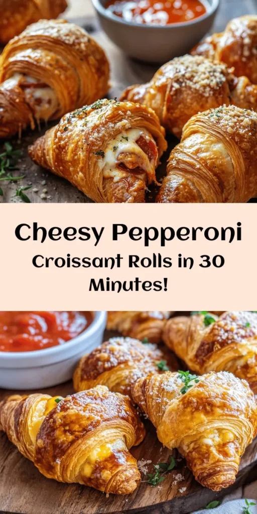 Indulge in these delicious Mozzarella Pepperoni Croissant Rolls! Perfect for a snack or party appetizer, these flaky treats are easy to make with just crescent roll dough, gooey mozzarella, and pepperoni. With a sprinkle of Parmesan, oregano, and garlic, they're bursting with flavor. Bake until golden and serve with warm marinara for dipping. In just 30 minutes, you can impress your guests or enjoy a cozy night in. Try this fun recipe today!