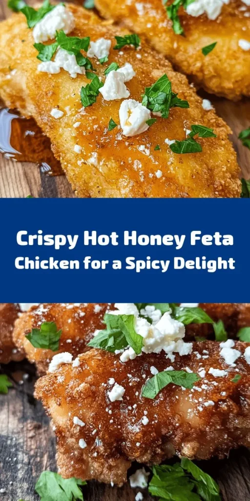 Elevate your dinner game with this Crispy Hot Honey Feta Chicken recipe! Boneless chicken breasts are marinated in buttermilk for maximum tenderness and coated in a flavorful blend of flour and spices for that perfect crunch. Topped with creamy feta and drizzled with a sweet and spicy hot honey sauce, this dish is sure to be a crowd-pleaser. Serve it with veggies or fries for a delicious meal everyone will love! Perfect for any night of the week!