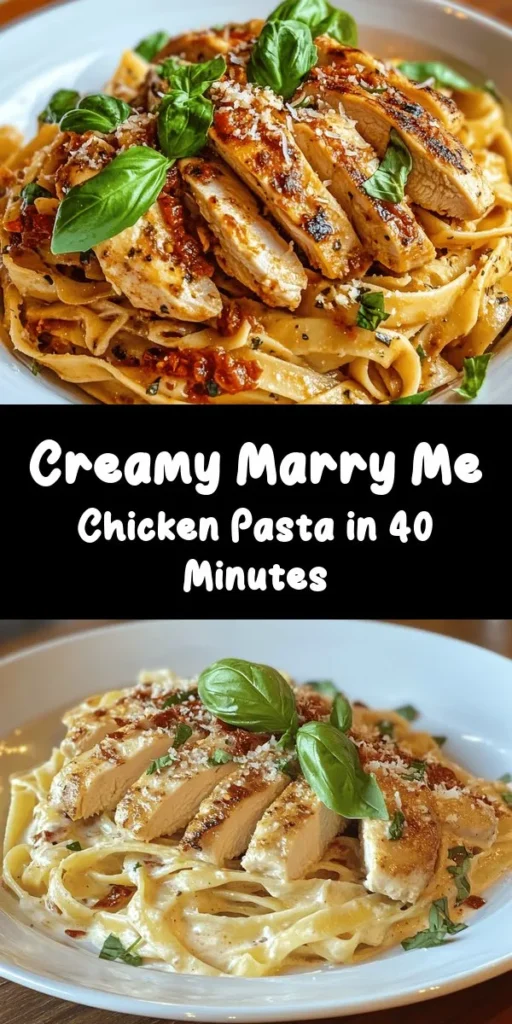 Indulge in the ultimate comfort food with this Marry Me Chicken Pasta! Juicy chicken breasts seared to perfection mingle with sun-dried tomatoes in a creamy sauce, all tossed with your favorite pasta. Easy to prepare and perfect for a romantic dinner or any weeknight meal, this recipe takes just 40 minutes. Garnish with fresh basil and Parmesan for an extra touch. Discover the dish that could make your heart skip a beat!