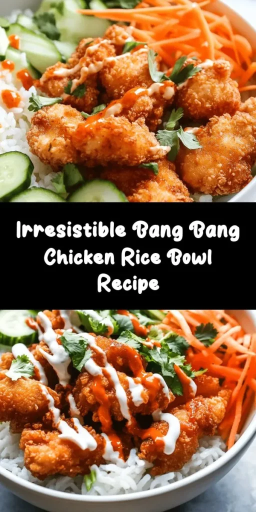 Dive into this delicious Bang Bang Chicken Bowl for a quick and satisfying meal! Crispy, breaded chicken is paired with fluffy jasmine or brown rice, topped with fresh veggies like shredded carrots and cucumbers. The star of the dish is the creamy, spicy Bang Bang sauce that you can customize to your taste. Perfect for weeknight dinners or meal prep, this bowl is bursting with flavor and is sure to impress. Enjoy a delightful mix of textures and tastes in every bite!