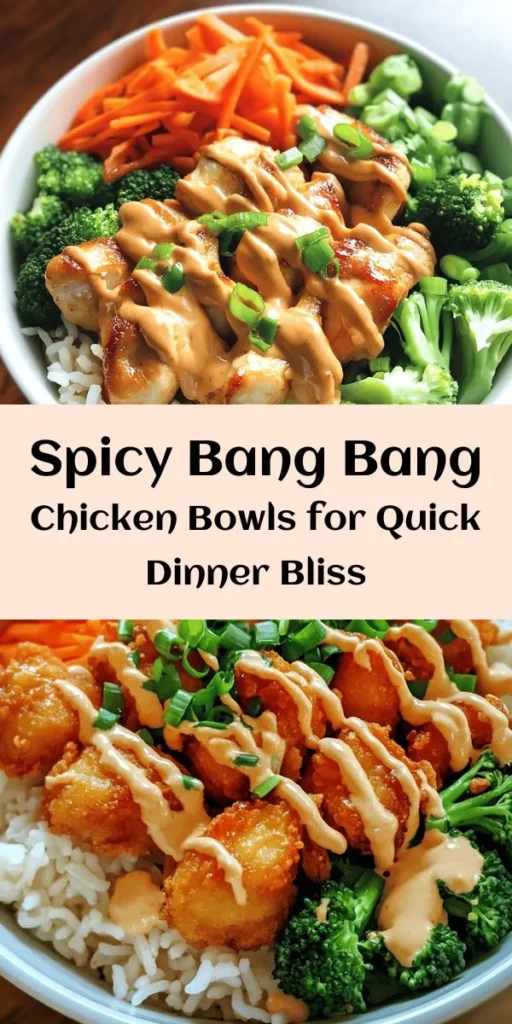 Transform your dinner routine with these delicious Bang Bang Chicken Bowls! Featuring tender bite-sized chicken pieces coated in a savory marinade and perfectly paired with steamed broccoli, shredded carrots, and vibrant red bell pepper, this dish is bursting with flavor. The creamy, spicy Bang Bang sauce ties everything together for an unforgettable meal. Quick to prepare and ready in just 35 minutes, it's perfect for busy nights. Enjoy a taste explosion today!