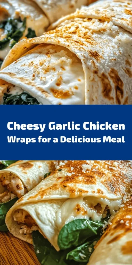 Delight your taste buds with these Cheesy Garlic Chicken Wraps! Packed with shredded chicken, gooey mozzarella, and a hint of garlic, these wraps are a creamy and satisfying meal option. With fresh spinach or arugula and the option for diced tomatoes, they’re both flavorful and nutritious. Perfect for lunch or dinner, these easy wraps cook up crispy in just 30 minutes. Check out the full recipe and get ready to impress your family!