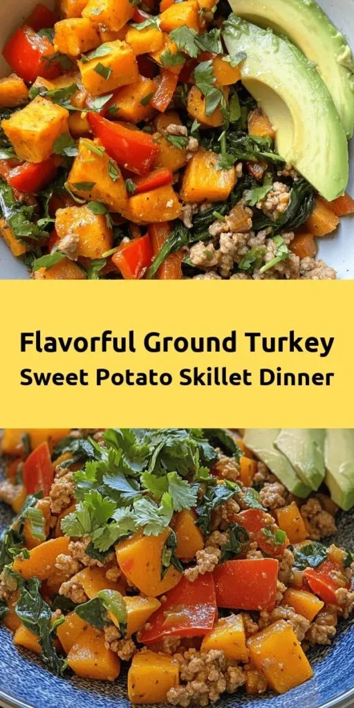 Enjoy a delicious and nutritious meal with this Ground Turkey Sweet Potato Skillet! Packed with lean ground turkey, sweet potatoes, colorful bell pepper, and spinach, it's a one-pan recipe that's perfect for busy weeknights. Flavorful spices like smoked paprika and cumin make every bite a delight. Ready in just 30 minutes, this dish serves four and is easily customizable. Top with fresh cilantro and avocado for an extra touch. Perfect for a healthy family dinner!