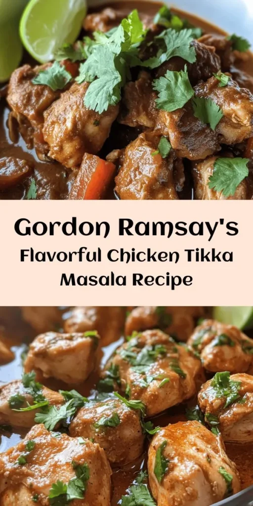 Indulge in the rich flavors of Gordon Ramsay's Chicken Tikka Masala! This delicious recipe features tender marinated chicken cooked in a creamy, spiced tomato sauce, perfect for any occasion. With ingredients like yogurt, coconut milk, and aromatic spices, you can create an authentic taste of India right in your kitchen. Serve it with lime wedges and fresh cilantro for a delightful meal that will impress family and friends. Enjoy!