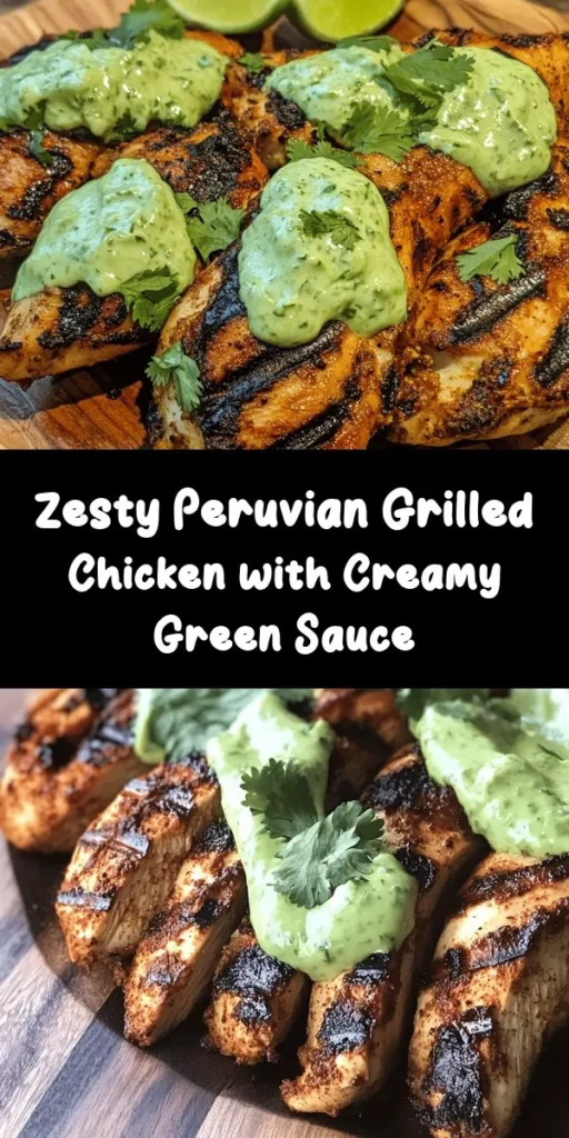 Experience the vibrant flavors of Peru with this Peruvian Grilled Chicken served with a creamy green sauce! This easy recipe features marinated chicken grilled to perfection, infused with garlic, cumin, and lime. The rich and zesty green sauce made with cilantro, avocado, and Greek yogurt adds the perfect finishing touch. Ideal for family dinners or gatherings, this dish is sure to impress. Get ready for a delicious culinary adventure!