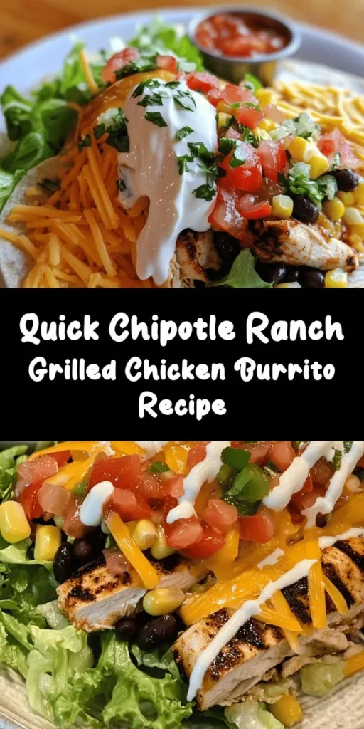 Looking for a delicious and satisfying meal? Try this Easy Chipotle Ranch Grilled Chicken Burrito! Featuring marinated grilled chicken, fluffy rice, black beans, corn, and plenty of cheese, it’s bursting with flavor. Perfect for meal prep or a quick weeknight dinner, these burritos are customizable to fit your spice preference. Enjoy them with sour cream and salsa for the ultimate tasty bite. Get ready to impress your family and friends with this crowd-pleaser!