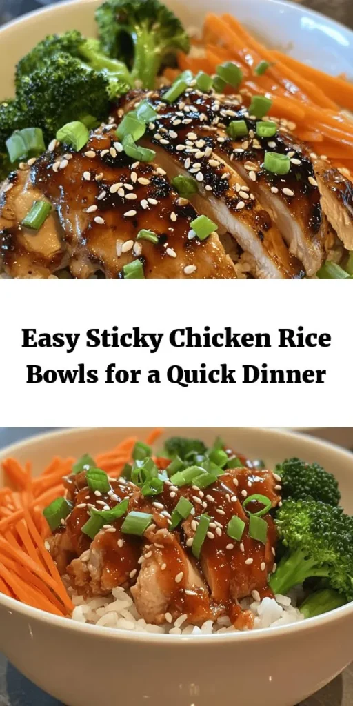 Dive into deliciousness with these Sticky Chicken Rice Bowls! Featuring tender marinated chicken thighs coated in a sweet and savory sauce, fresh veggies, and fluffy jasmine rice, this dish is a perfect balance of flavors and textures. Ready in just 40 minutes, it makes for a quick weeknight meal or a satisfying lunch. Garnish with green onions and sesame seeds for that extra touch. Bring comfort food to your table today!
