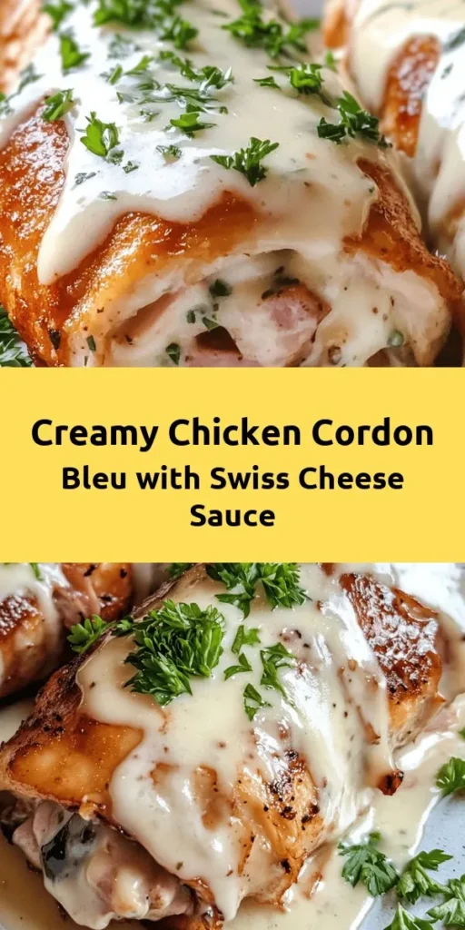 Indulge in the deliciousness of Chicken Cordon Bleu with a creamy Swiss cheese sauce that’s sure to impress! This recipe features tender, rolled chicken breasts filled with savory ham and melted Swiss cheese, all wrapped in a crunchy breadcrumb coating. With easy-to-follow steps, you’ll create a restaurant-quality meal at home. Perfect for family dinners or special occasions, it’s comfort food at its best! Garnish with fresh parsley for a pop of color. Enjoy!