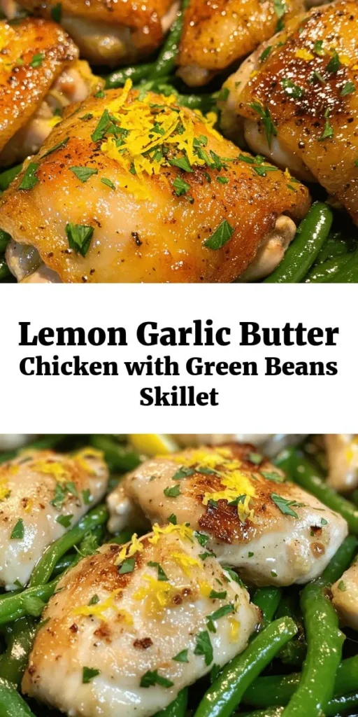 Bring a burst of flavor to your dinner table with this Zesty Lemon Garlic Butter Chicken & Green Beans Skillet! This quick and easy recipe features juicy chicken thighs, vibrant green beans, and a tangy lemon-garlic butter sauce that will tantalize your taste buds. Ready in just 30 minutes, it's perfect for busy weeknights or special occasions. Garnish with fresh parsley for an extra pop of color. Grab the ingredients and start cooking this delicious one-skillet meal today!