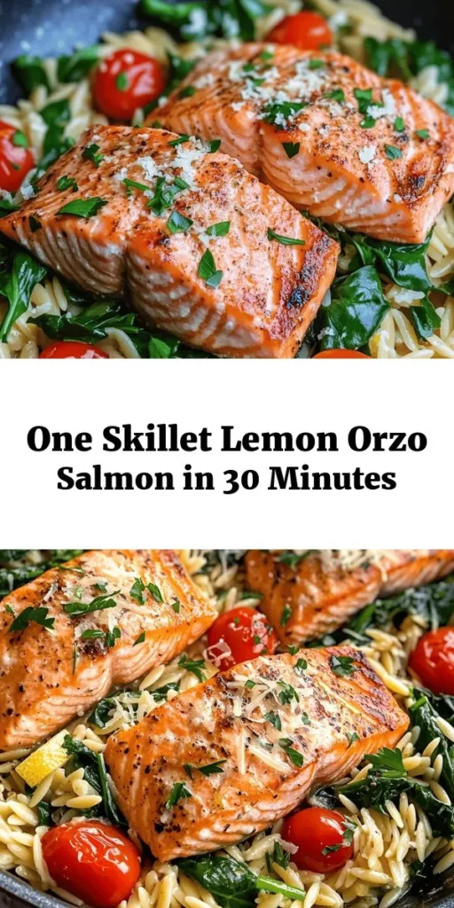Discover the perfect one-skillet meal with this delicious salmon and lemon orzo recipe! In just 30 minutes, you'll whip up tender salmon fillets served over zesty orzo pasta, mixed with fresh spinach and juicy cherry tomatoes. This dish is simple yet full of flavor, making it ideal for busy weeknights or special occasions. Garnish with fresh herbs and optional Parmesan for an extra touch. Get ready to impress your family and friends with this easy, tasty dinner!