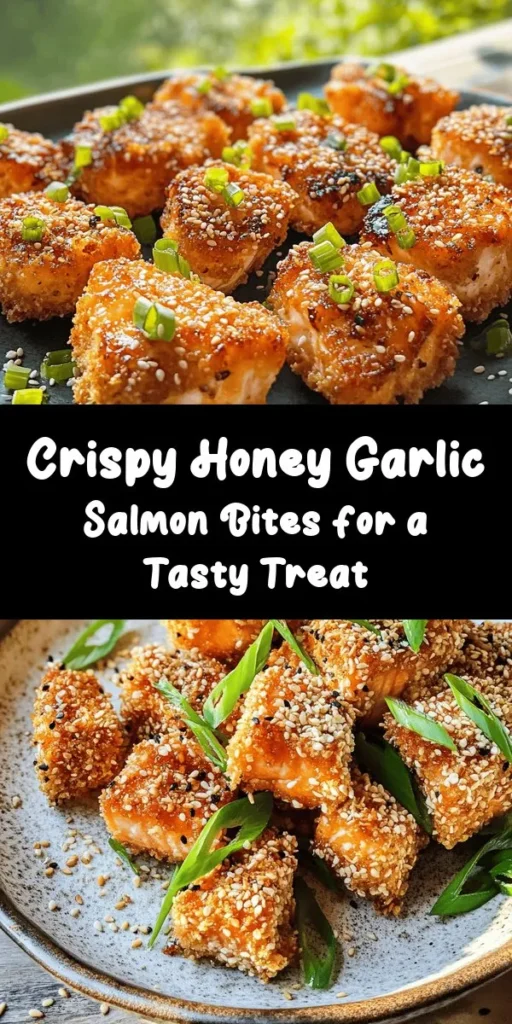 Indulge in these crispy honey garlic salmon bites that are sure to impress! This easy recipe features tender salmon cubed and coated in a crunchy Panko breadcrumb layer, then tossed in a mouthwatering honey garlic sauce. Perfect for appetizers or a delightful dinner, each bite is packed with flavor. Garnish with fresh green onions and sesame seeds for a beautiful finish! Try this delicious dish that comes together in just 25 minutes.