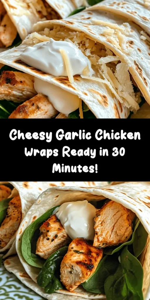 Savor the flavor of these Cheesy Garlic Chicken Wraps! With tender chicken breasts, gooey mozzarella, and a hint of Parmesan, these wraps are a deliciously satisfying meal. Packed with fresh spinach and grilled to perfection, they make for a quick lunch or dinner option. Perfectly seasoned with garlic and spices, these wraps come together in just 30 minutes. Serve with sour cream for an extra touch! Give this easy recipe a try today.