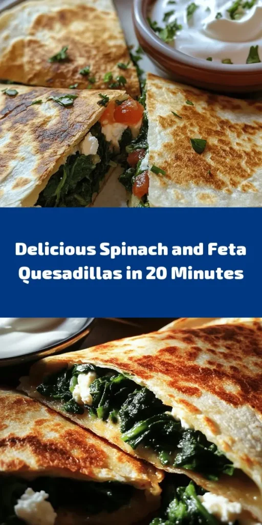 Discover a delicious way to enjoy a healthy meal with these Spinach & Feta Quesadillas! Packed with fresh spinach, tangy feta, and gooey mozzarella, these quesadillas are simple to make and perfect for any occasion. Sauté garlic and spinach, mix with cheese, and grill until golden brown. Serve with a side of sour cream or fresh salsa for a delightful twist. Ready in just 20 minutes, these are sure to become a family favorite!