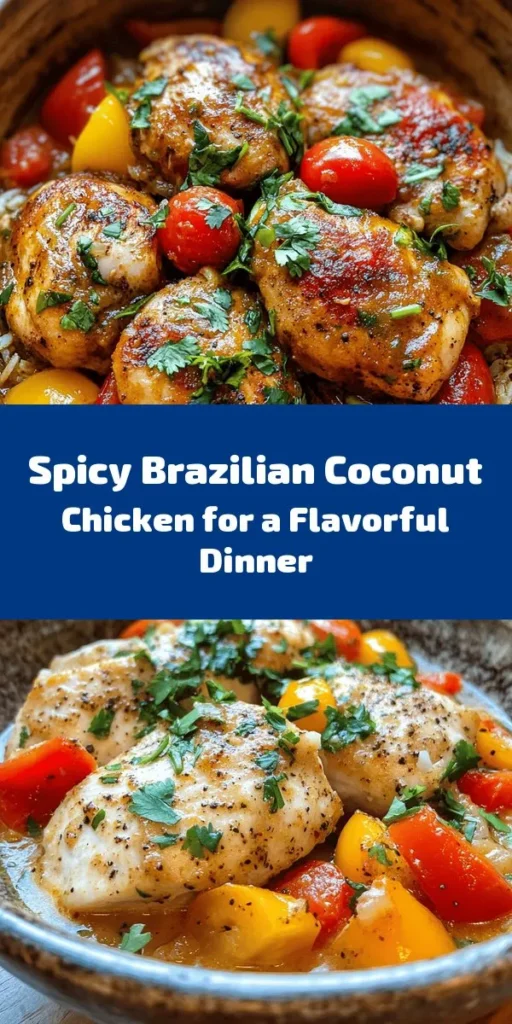 Experience a burst of flavors with this Spicy Brazilian Coconut Chicken! This dish features tender chicken thighs marinated in a blend of spices, cooked in creamy coconut milk with vibrant bell peppers and cherry tomatoes. Perfect for a cozy dinner, it’s easy to prepare and ready in just an hour. Serve it over rice for a satisfying meal and garnish with fresh cilantro for that extra touch. Spice up your weeknight dinners with this delicious recipe!
