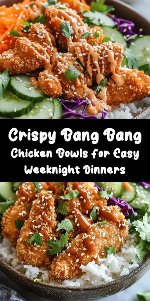 Whip up these mouthwatering Bang Bang Chicken Bowls that are perfect for dinner! Crispy fried chicken coated in panko is layered on a bed of jasmine rice, topped with crunchy veggies like cabbage, carrots, and cucumber. The creamy Bang Bang sauce adds a spicy kick that will have you craving more. Quick to make in just 30 minutes, this delicious dish serves 4 and is sure to impress your family or friends. Enjoy a tasty meal that’s as fun to make as it is to eat!