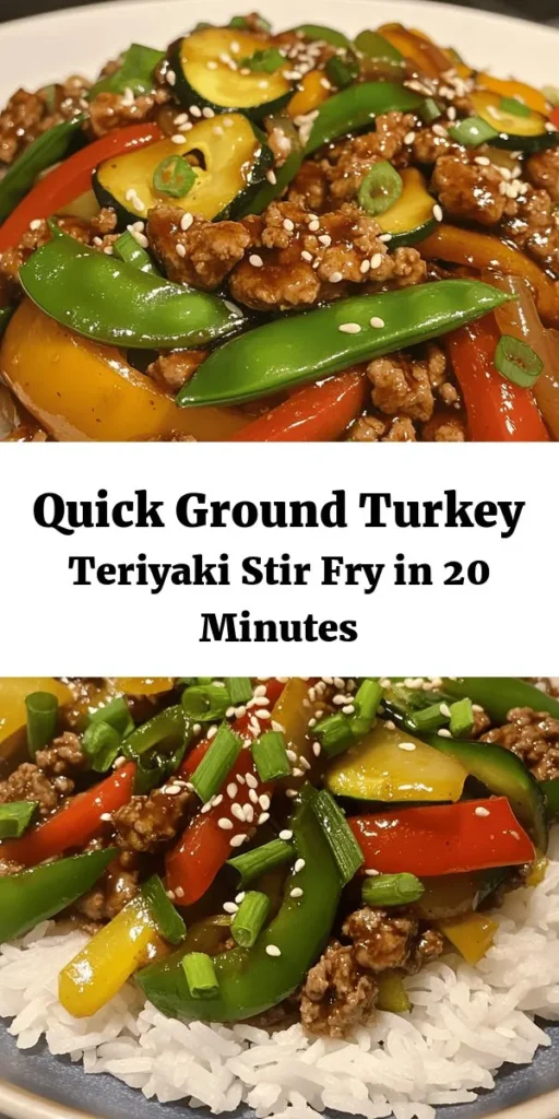 Whip up a delicious Ground Turkey Teriyaki Stir Fry in just 20 minutes! This quick and healthy recipe features seasoned ground turkey combined with fresh bell peppers, zucchini, and snap peas, all tossed in a savory teriyaki sauce. Perfect over rice or quinoa, it's a delightful meal that’s full of flavor and packed with nutrients. Great for busy weeknights or meal prep! Top it off with sesame seeds for that extra crunch. Enjoy!