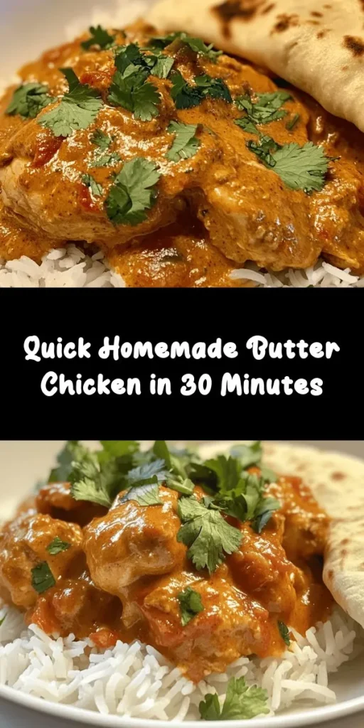 Discover the delightful flavors of Quick & Easy Homemade Butter Chicken! This comforting dish features tender chicken thighs simmered in a luscious creamy tomato sauce seasoned with aromatic spices like garam masala and turmeric. Perfect for a weeknight dinner, it takes just 30 minutes to prepare. Serve it over fluffy rice or with warm naan for a meal that's sure to impress. Don't forget to garnish with fresh cilantro for the perfect finishing touch!