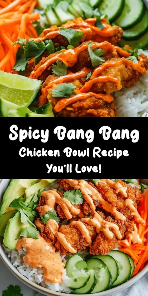 Get ready to spice up your dinner with this incredible Bang Bang Chicken Bowl! Marinated chicken thighs are fried to perfection and topped with a creamy, tangy Bang Bang Sauce. Served over a bed of fluffy jasmine rice and loaded with fresh veggies like carrots, cucumbers, and avocado, this bowl is as delicious as it is colorful. Perfect for weeknight meals or when entertaining, this recipe will become a family favorite. Enjoy the burst of flavors in every bite!