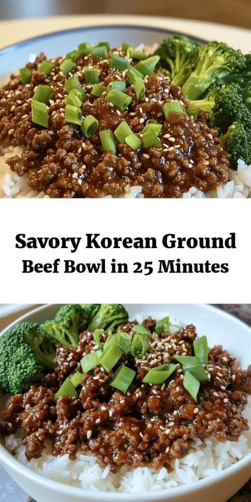 Savor the deliciousness of this Korean Ground Beef Bowl! Perfect for a quick weeknight dinner, this recipe features perfectly seasoned ground beef combined with aromatic garlic and ginger, all tossed in a rich soy sauce blend. Serve it over fluffy jasmine rice, and feel free to add steamed broccoli or your favorite veggies for extra nutrition. Ready in just 25 minutes, it's a flavorful meal that everyone will love. Garnish with green onions and sesame seeds for a delightful finish!