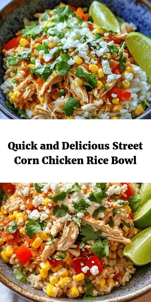 Whip up this Easy Street Corn Chicken Rice Bowl for a delicious meal in just 20 minutes! Packed with flavor, this bowl features juicy shredded chicken, sweet corn, vibrant bell peppers, and a creamy lime sauce. Top it off with crumbled feta for an extra layer of taste and freshness from cilantro. Perfect for busy weeknights or a tasty lunch, serve with lime wedges for that zesty kick. Your taste buds will thank you!