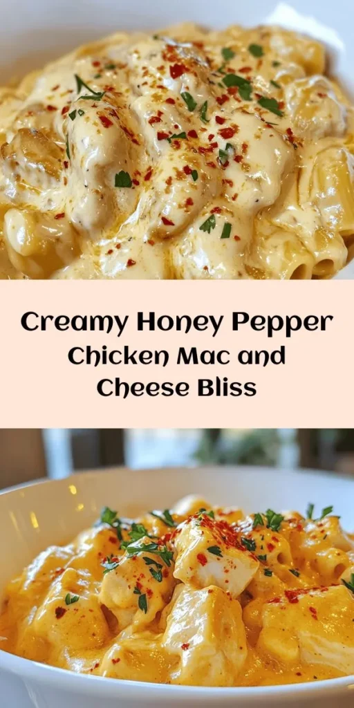 Indulge in the ultimate comfort food with this Creamy Honey Pepper Chicken Mac and Cheese Delight! This recipe combines tender chicken, cheesy goodness, and a hint of sweetness from honey for a mouthwatering meal. Cooking macaroni pasta to perfection and creating a creamy sauce of cheddar and Parmesan, this dish is sure to impress. Garnish with fresh parsley and serve hot for a cozy family dinner or a delightful gathering. Enjoy the best of both worlds with every creamy bite!