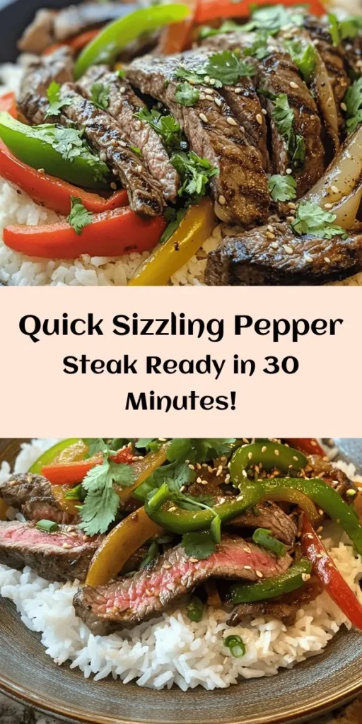 Looking for a quick and delicious dinner idea? Try this Sizzling Pepper Steak with Onions! In just 30 minutes, you can whip up tender flank steak marinated in savory sauces, stir-fried with vibrant bell peppers and onions. Finished with a touch of sesame oil and garnished with fresh cilantro, this dish pairs perfectly with white rice or noodles. It's a complete meal that’s sure to delight your taste buds. Perfect for busy weeknights!