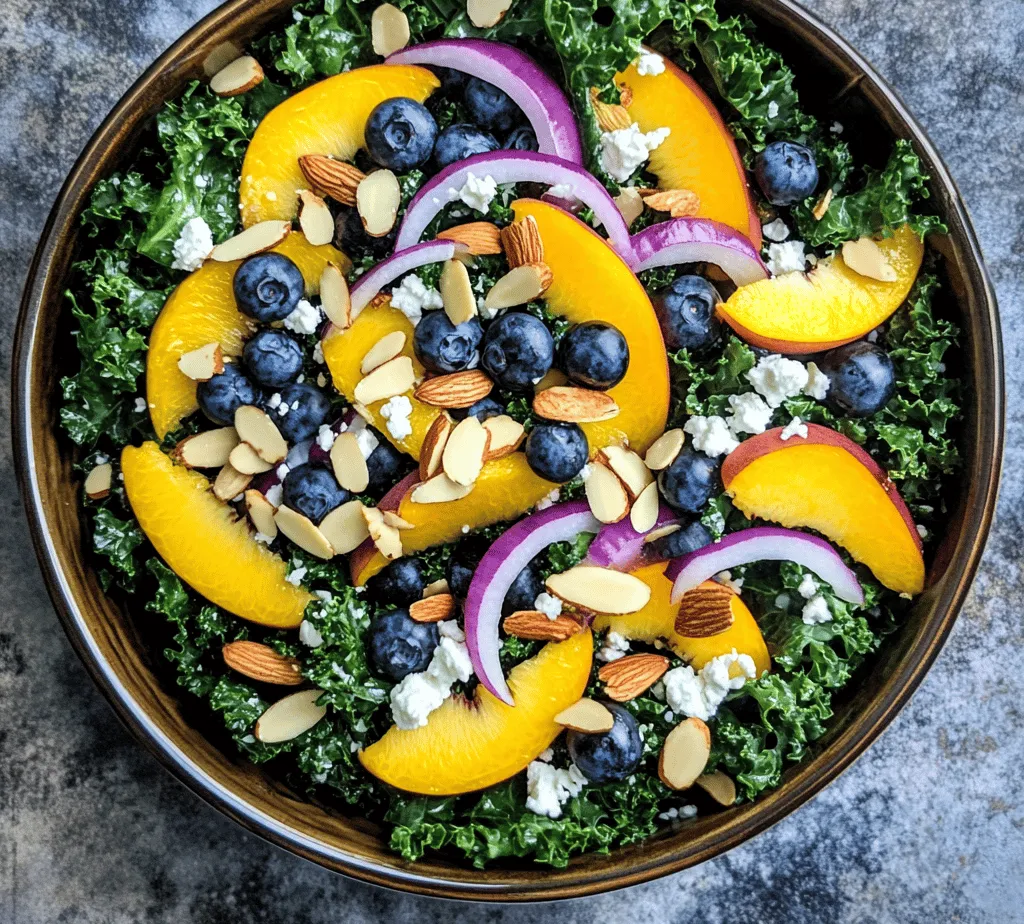 This salad not only tantalizes the taste buds but also serves as a delightful reminder of summer’s abundant harvest. The bright colors of the peaches and blueberries against the deep green of the kale create a visually appealing dish that is sure to impress guests at any gathering. Moreover, the versatility of this salad makes it suitable for various occasions. Whether you choose to serve it as a side dish alongside grilled meats or enjoy it as a light main course, it is guaranteed to steal the show.